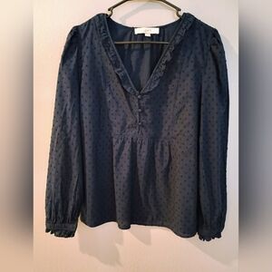 LOFT Women's Navy Blue Swiss Clip Dot Ruffle Peasant Tulip Sleeve Top Blouse M
